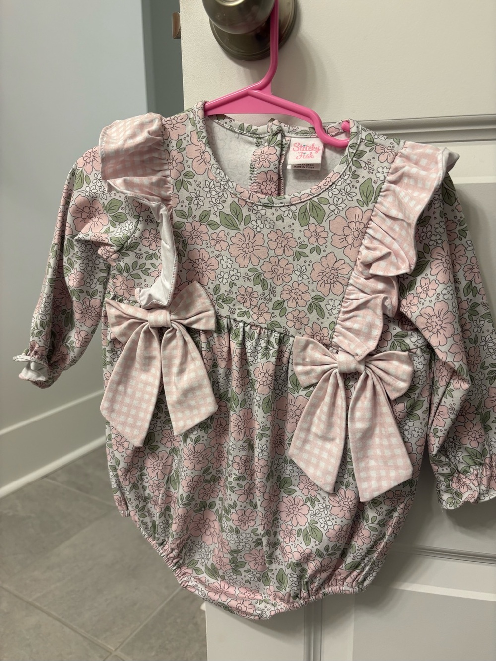 Stitchy Fish Pink Floral Ruffle Bow Baby Romper